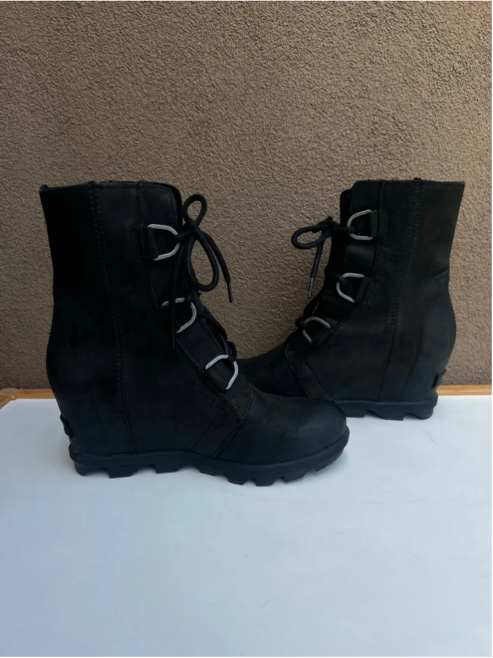 Sorel Black Wedge Boots Size 7.5 Joan of Arctic Leather Nubuck - Picture 7 of 8